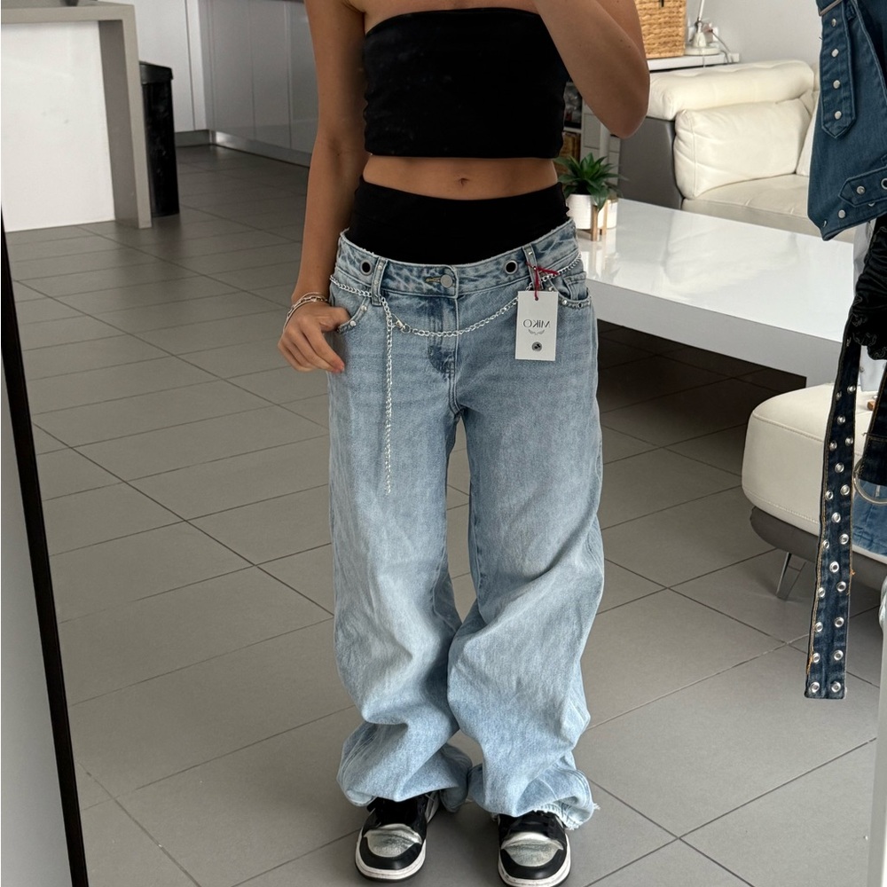 Low rise baggy PACSUN jeans handmade handcrafted with silver studs and chain